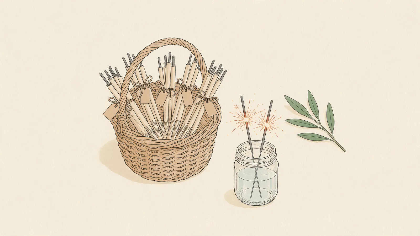 Ilustración de una cesta de mimbre con bengalas atadas y etiquetas de papel kraft, junto a un tarro de cristal con dos bengalas encendidas