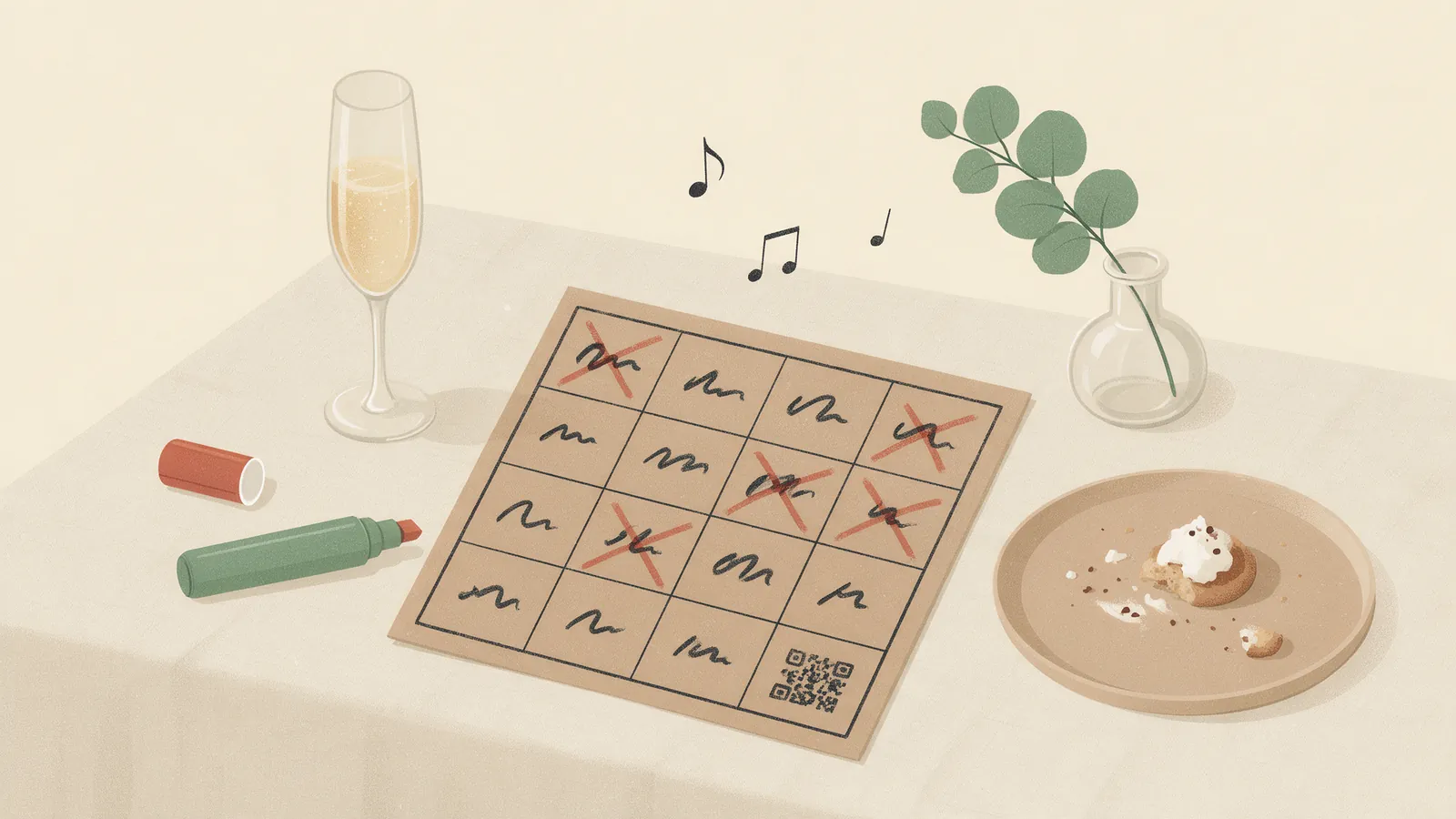 Ilustración de un cartón de bingo musical sobre una mesa de boda, con títulos de canciones en la cuadrícula, un rotulador, una copa de cava y un código QR impreso en la esquina del cartón