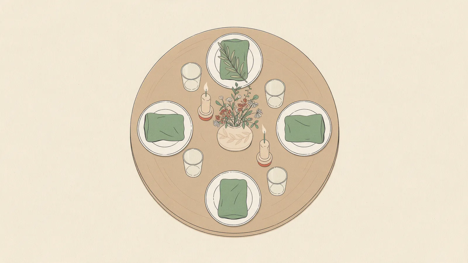 Ilustración plana vista desde arriba de una mesa redonda puesta para cuatro, con servilletas verdes, velas y un pequeño jarrón de flores silvestres