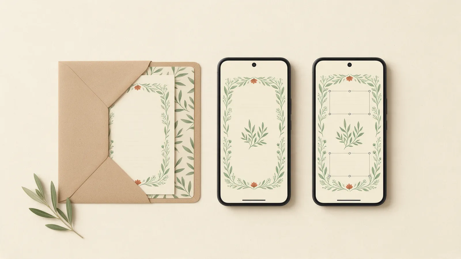Ilustración de tres invitaciones de boda una al lado de otra: una tarjeta de papel con sobre forrado, un móvil con una invitación digital y otro móvil con una invitación editable