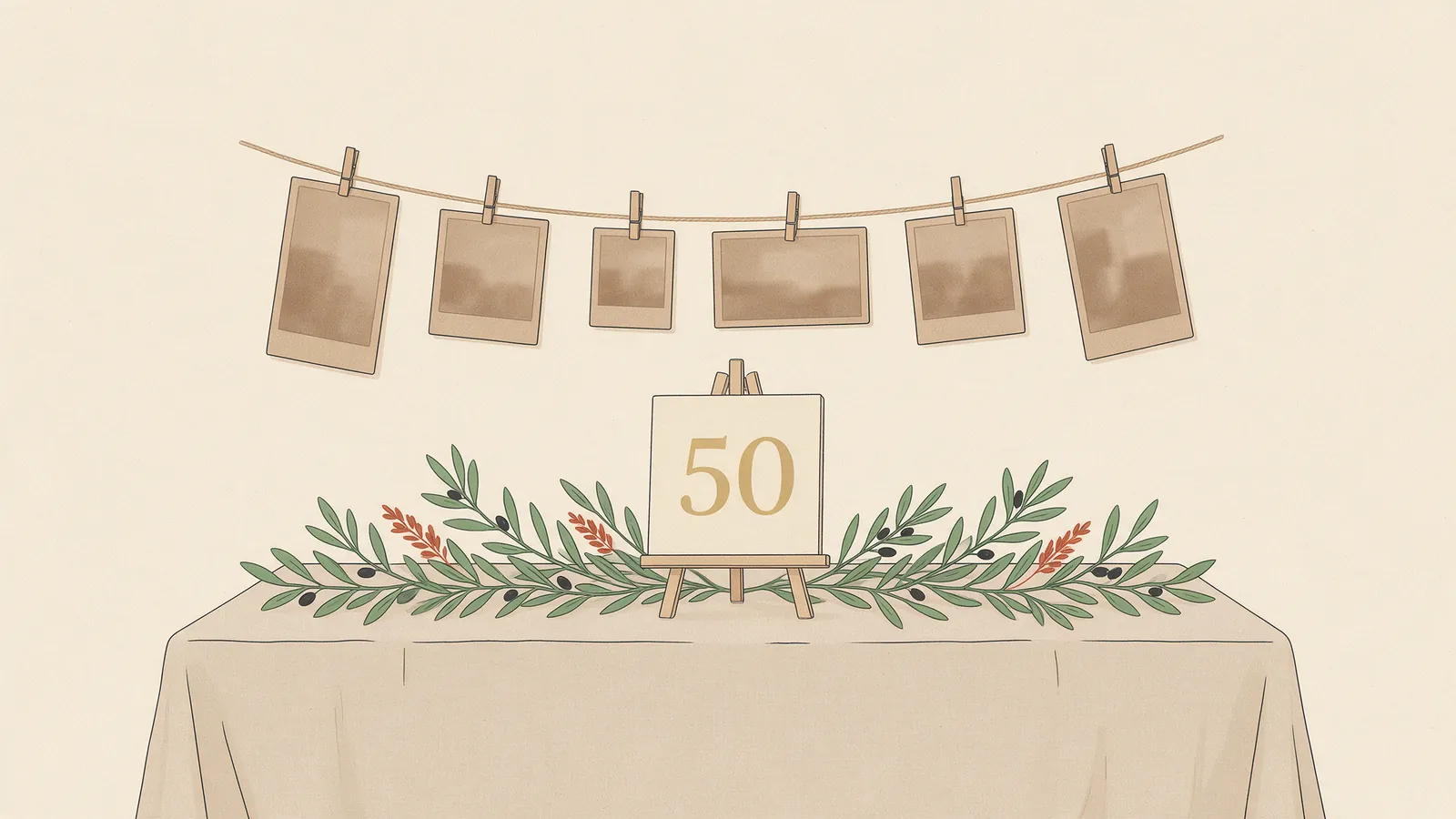 Ilustración de una mesa larga de celebración con un cartel con el número 50, ramas de olivo y una línea de fotos antiguas colgadas detrás