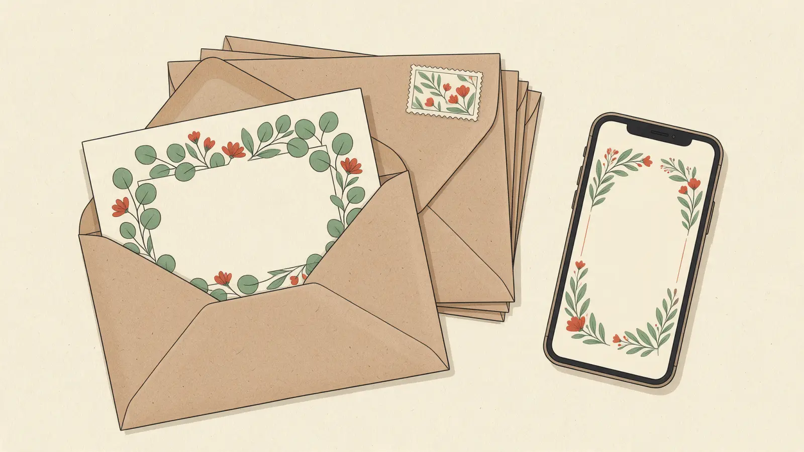 Una invitación de boda de papel con su sobre y un sello de Correos al lado de un móvil que muestra una invitación digital