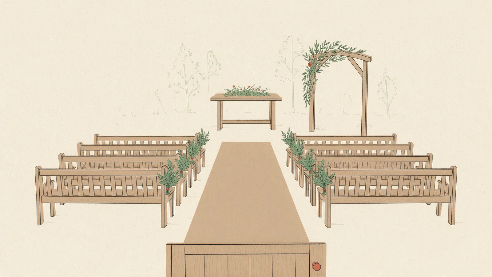 Ilustración del recorrido de una ceremonia de boda: puerta, pasillo central con bancos, altar al fondo y arco de una ceremonia al aire libre