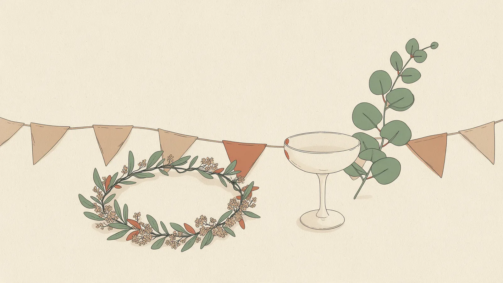 Ilustración plana de una corona de flores y una copa junto a una guirnalda de banderines de papel y una rama de eucalipto