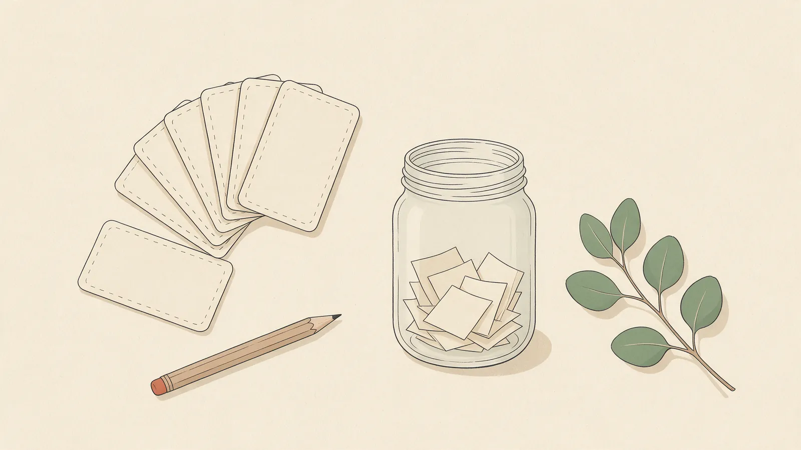 Ilustración plana de un abanico de tarjetas en blanco para recortar junto a un bote de cristal con papelitos doblados, un lápiz y una rama de eucalipto