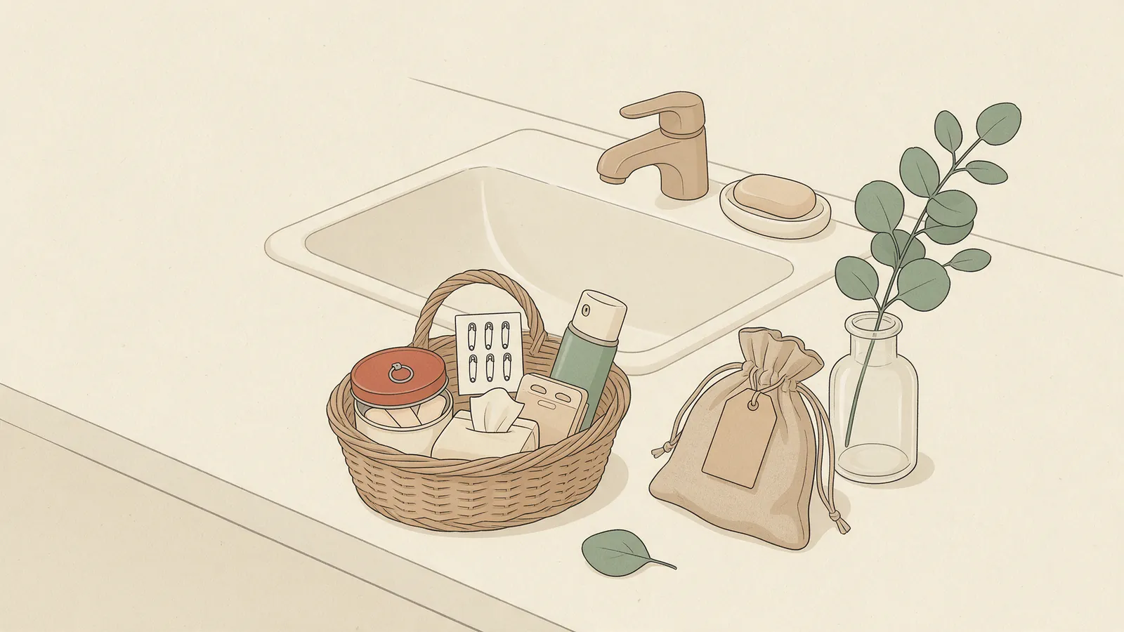 Ilustración de un cesto de mimbre en un lavabo con tiritas, imperdibles, pañuelos y una bolsita etiquetada al lado
