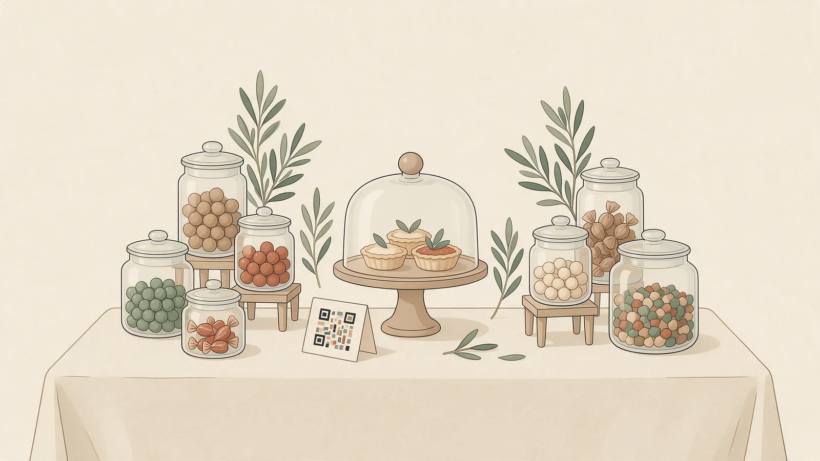 Ilustración de una mesa dulce de boda con tarros de cristal a distintas alturas, un stand con campana y una tarjeta con código QR apoyada delante