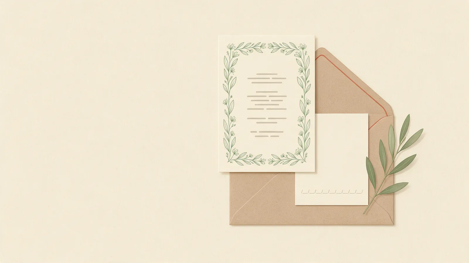 Ilustración de una invitación de boda con una tarjeta aparte para el número de cuenta, sobre un sobre de papel kraft