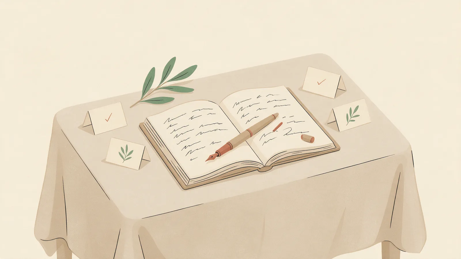 Ilustración de una mesa de firma en una boda: el acta abierta, una pluma y cuatro tarjetas alrededor, dos de ellas marcadas