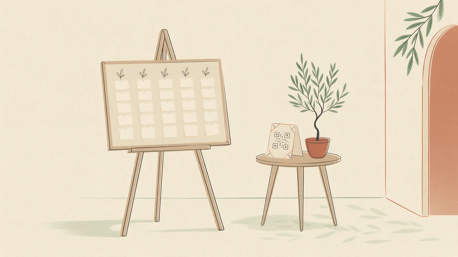 Ilustración de un panel de seating plan de madera sobre un caballete a la entrada de un salón de boda, con una tarjeta con código QR apoyada al lado